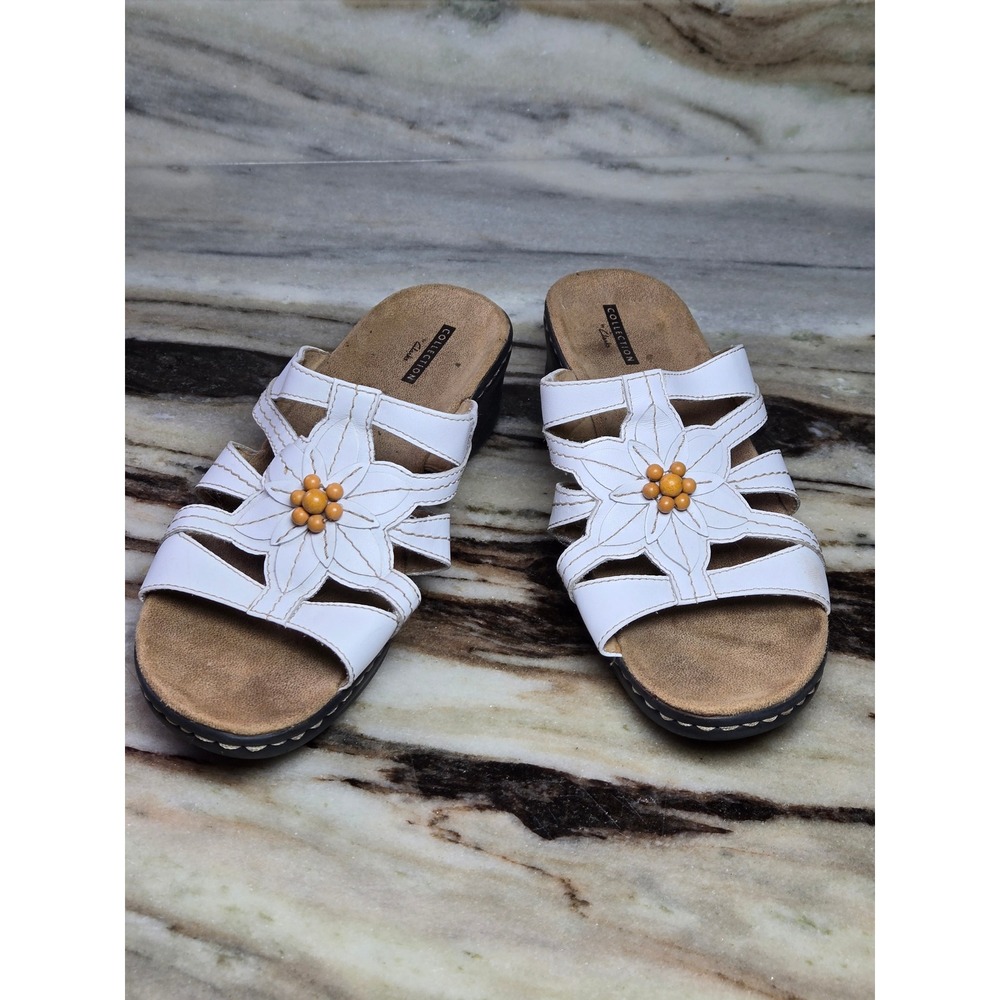 Clarks Collection Lexi Myrtle Womens White Leather Floral Slide Sandals 9 XW